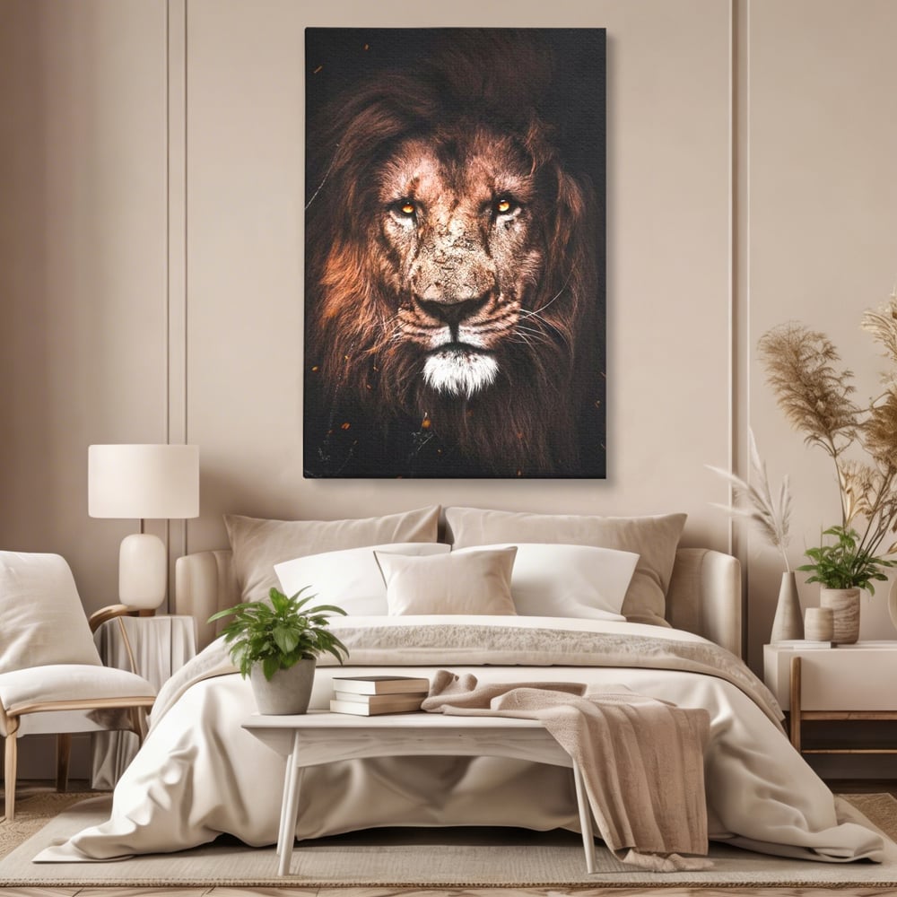 Tablou canvas cu tablou canvas cu leu, fara rama, pe sasiu de lemn, pe perete intr-un dormitor